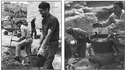 Left: Volunteers uncover the hidden treasures of Jerusalem at the foot of the Southern Wall, immediately after the Six-Day War. (Fritz Cohen, GPO) Right: Arab workers at the excavations of the Southern Wall. (Ya'acov Sa'ar, GPO)