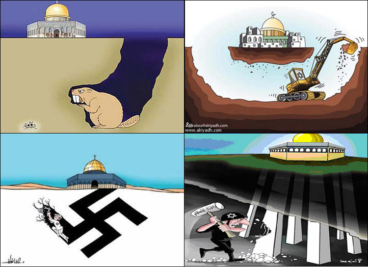 A sample of cartoons published in Arab newspapers. Clockwise from top-left: Ad-Dustur (Jordan), Ar-Riyadh (Saudi Arabia), Al Hayat (PA), Falestin (Hamas)