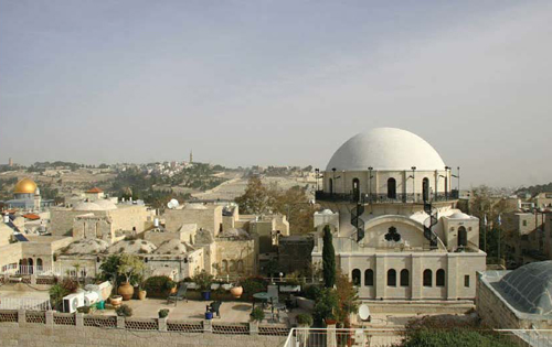 The Hurva Synagogue (on the right) is higher than the Temple Mount mosques and hundreds of meters away. Its restoration never threatened the stability of the mosques. The Hurva was renovated and reinaugurated in 2010, after the Jordanians had blown it up in 1948. (Western Wall Heritage Foundation)