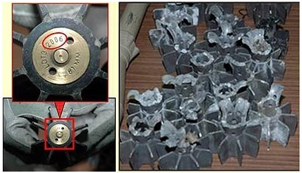 Excerpt from a U.S. government slideshow showing the remains of Iranian mortar tail-fins recovered after attacks in Iraq in late 2006.  The fin configuration and design and lot number configuration identify them as Iranian munitions.   