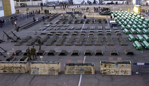 Military equipment confiscated from MV Karine A in January 2002.  The vessel was found to be carrying 50 tons of weapons, including short-range Katyusha rockets, antitank missiles, and high explosives – all linked to Iran and Hizbullah.